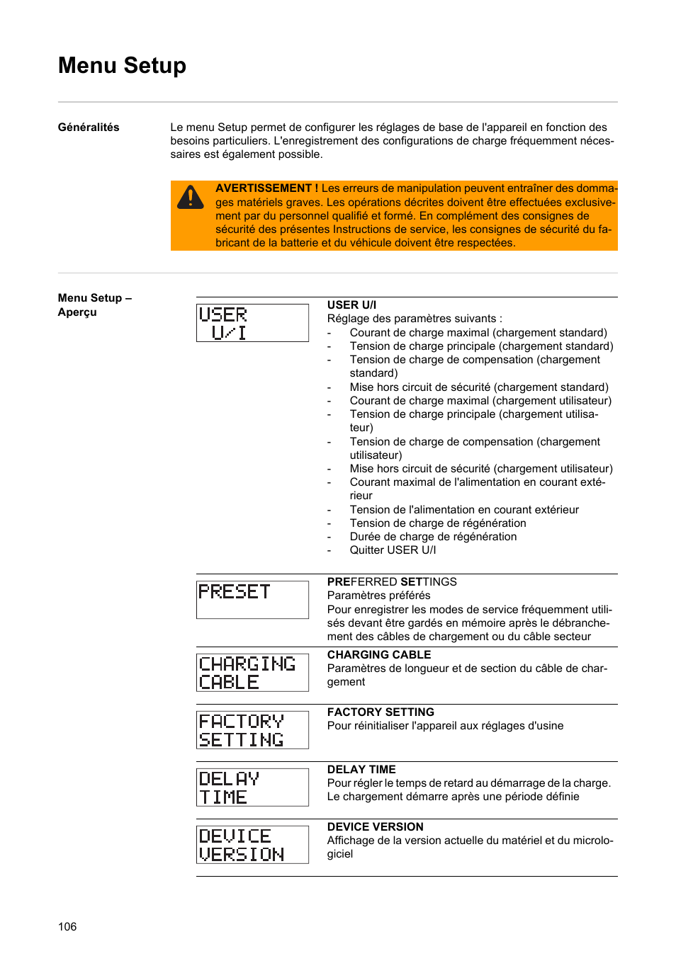 Menu setup | Fronius Acctiva Professional Flash User Manual | Page 108 / 160