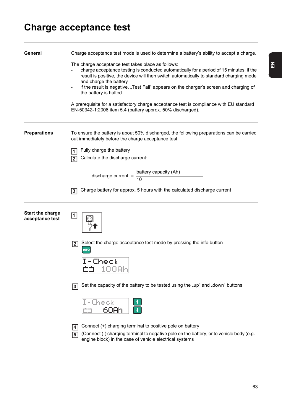 Charge acceptance test | Fronius Acctiva Professional Flash User Manual | Page 65 / 160