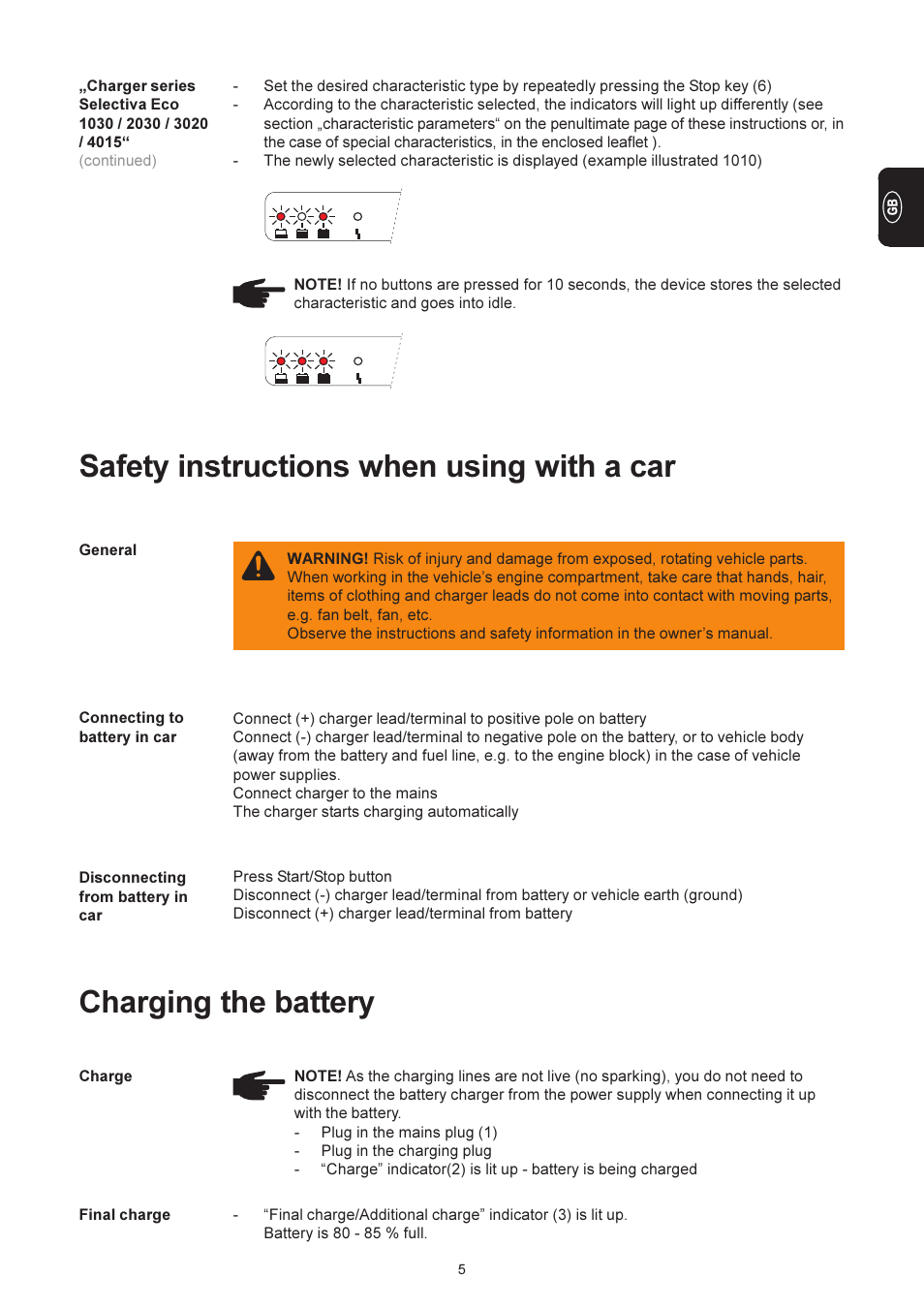 Safety instructions when using with a car, Charging the battery | Fronius Selectiva Eco User Manual | Page 29 / 84