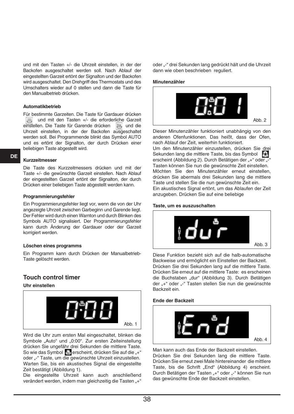 Touch control timer | Fulgor Milano QO 6009 PT User Manual | Page 38 / 64