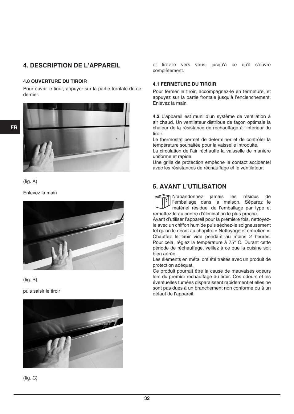 Description de l’appareil, Avant l’utilisation | Fulgor Milano LWD 12 User Manual | Page 32 / 84