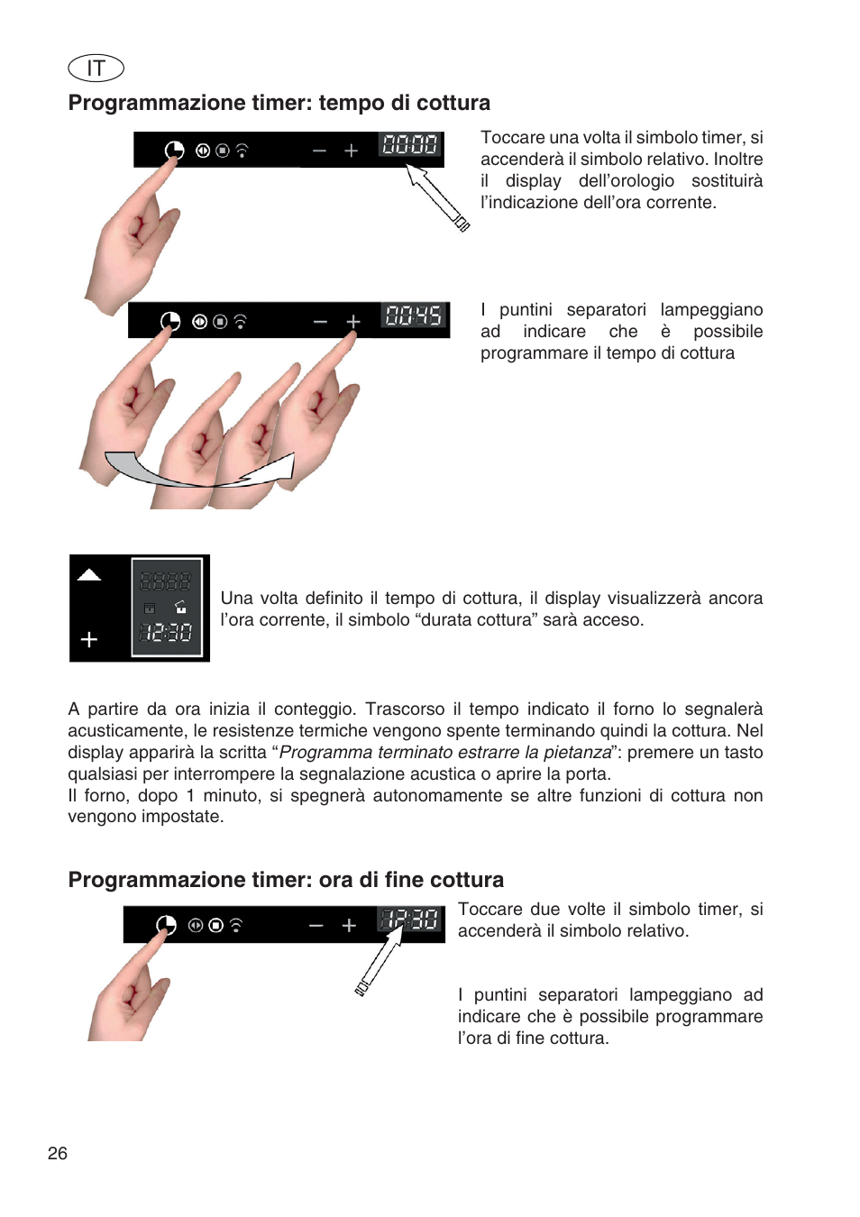 Programmazione timer: tempo di cottura, Programmazione timer: ora di ﬁne cottura | Fulgor Milano SPO 6213 User Manual | Page 104 / 270