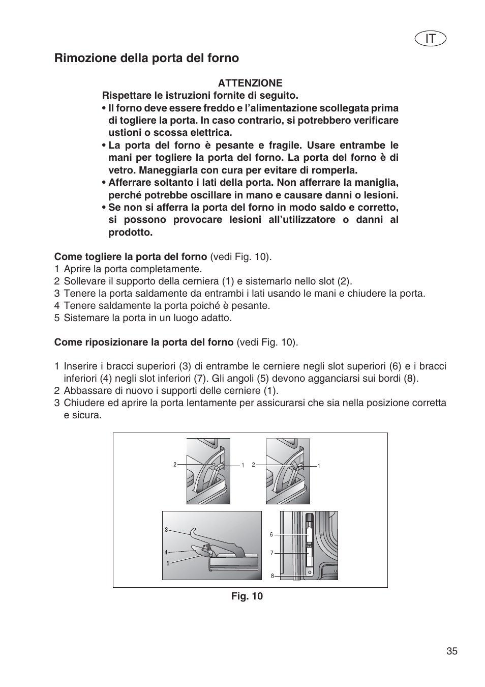 Rimozione della porta del forno | Fulgor Milano SPO 6213 User Manual | Page 113 / 270