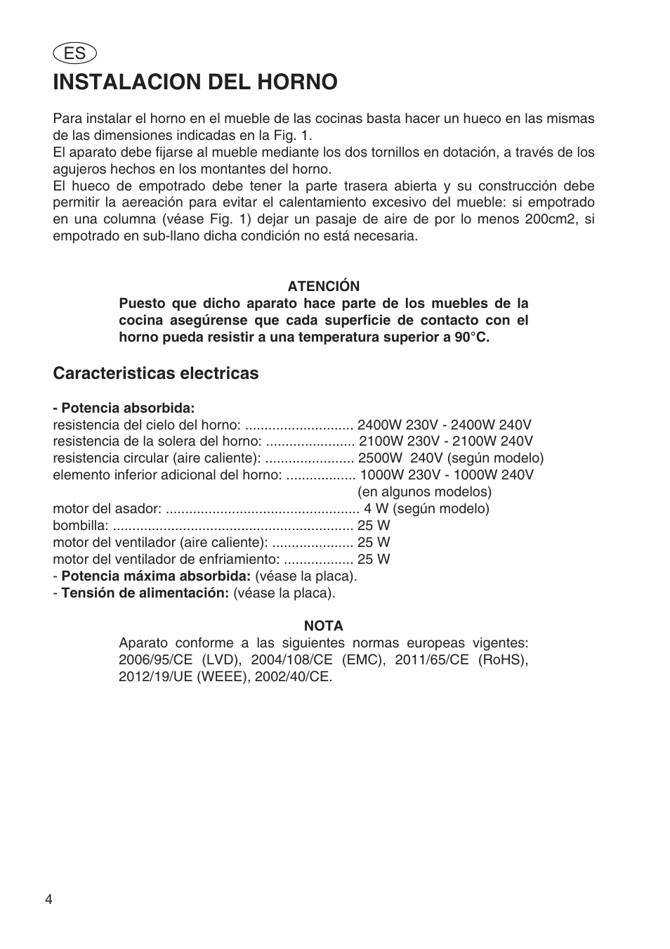 Instalacion del horno | Fulgor Milano SPO 6213 User Manual | Page 120 / 270