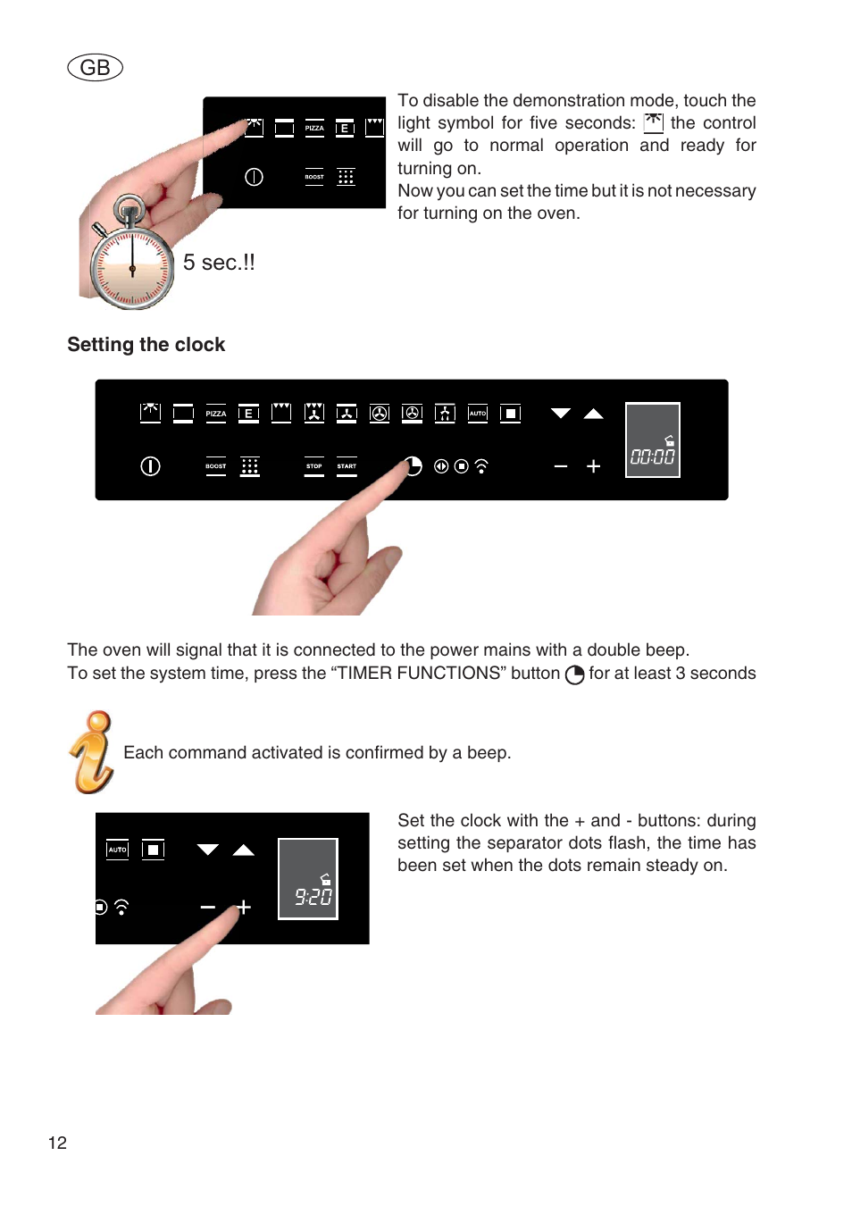 5 sec, Setting the clock | Fulgor Milano SPO 6213 User Manual | Page 14 / 270