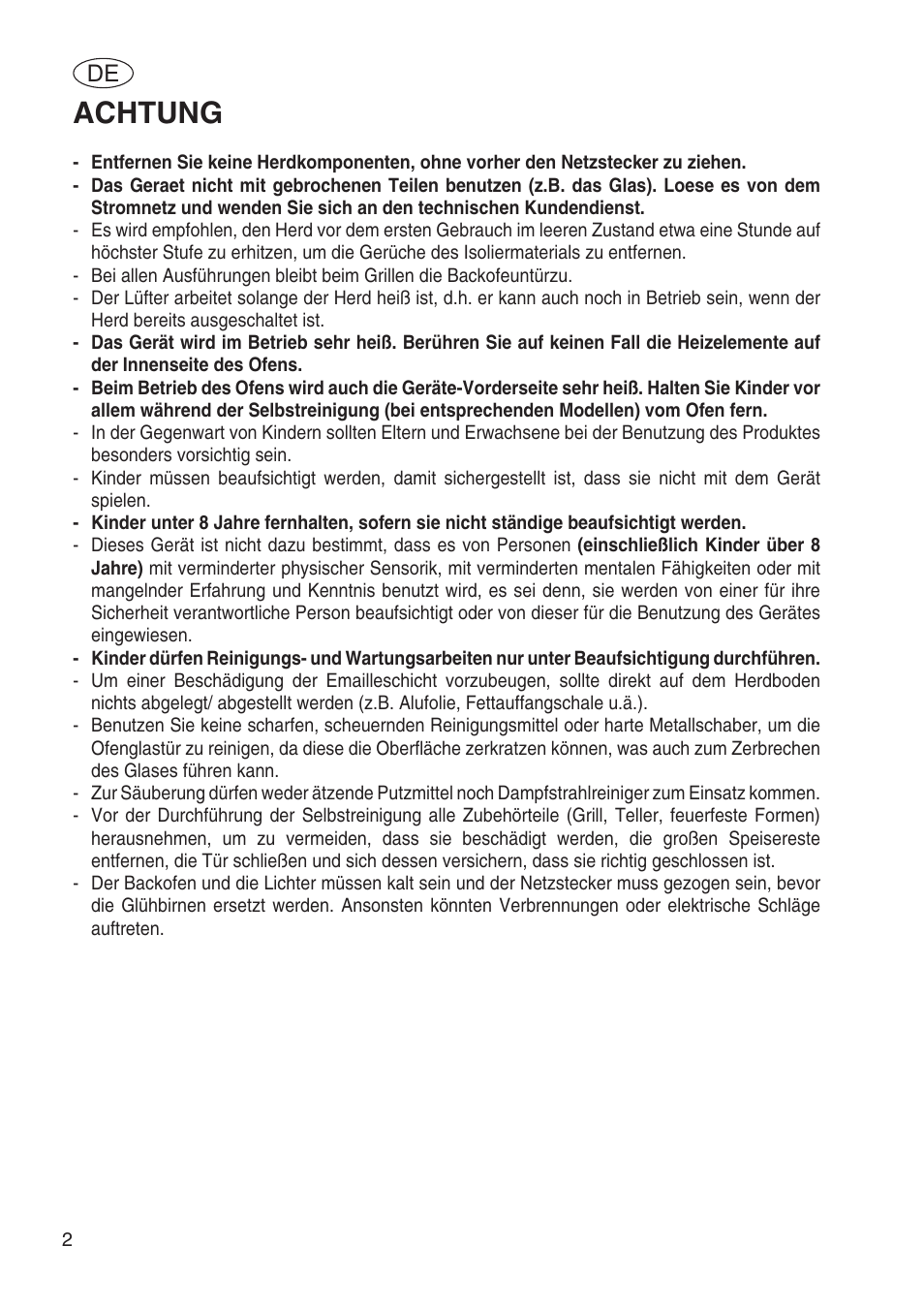 Achtung | Fulgor Milano SPO 6213 User Manual | Page 156 / 270