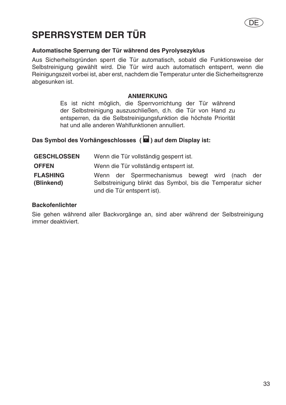 Sperrsystem der tür | Fulgor Milano SPO 6213 User Manual | Page 187 / 270
