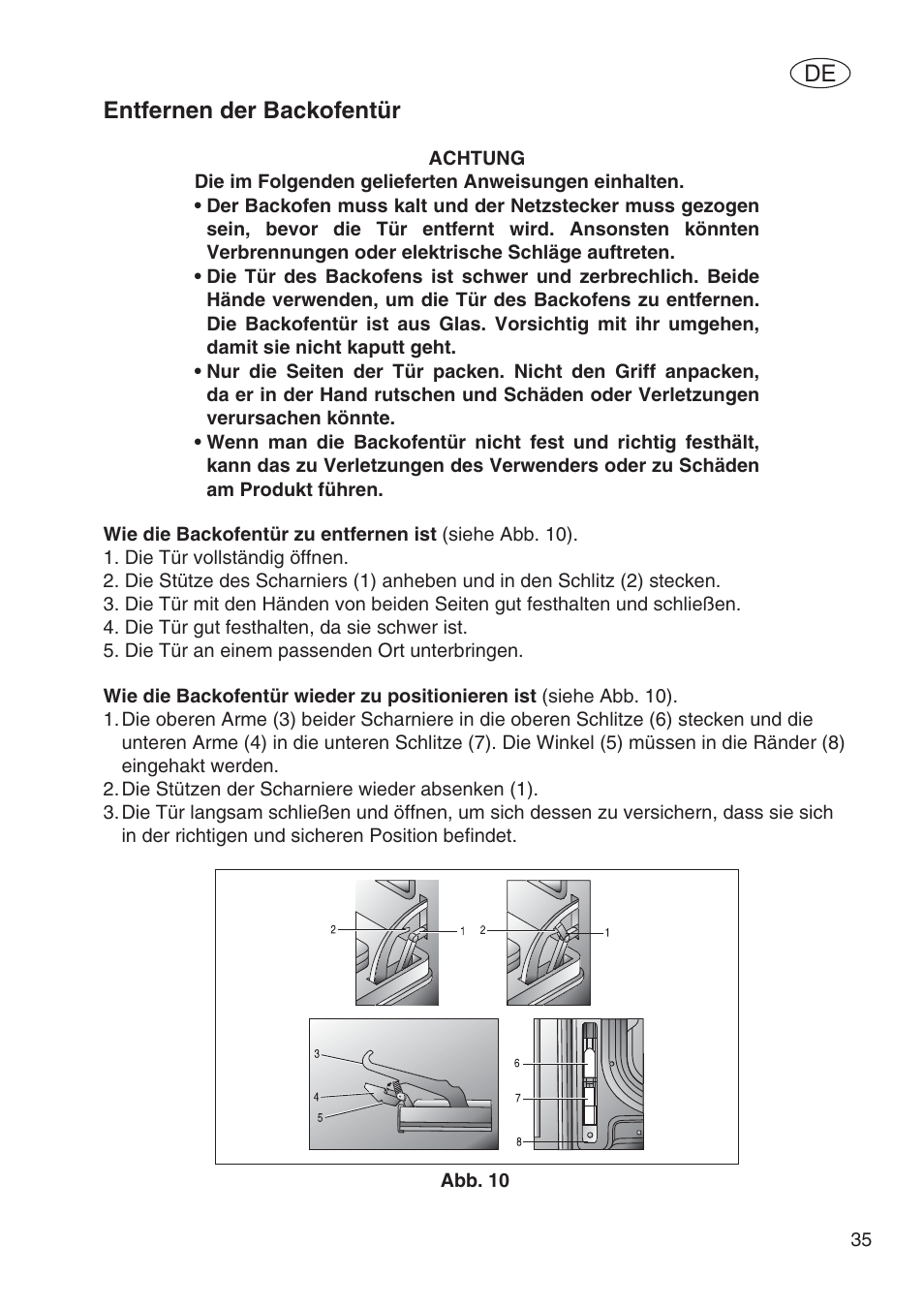 Entfernen der backofentür | Fulgor Milano SPO 6213 User Manual | Page 189 / 270