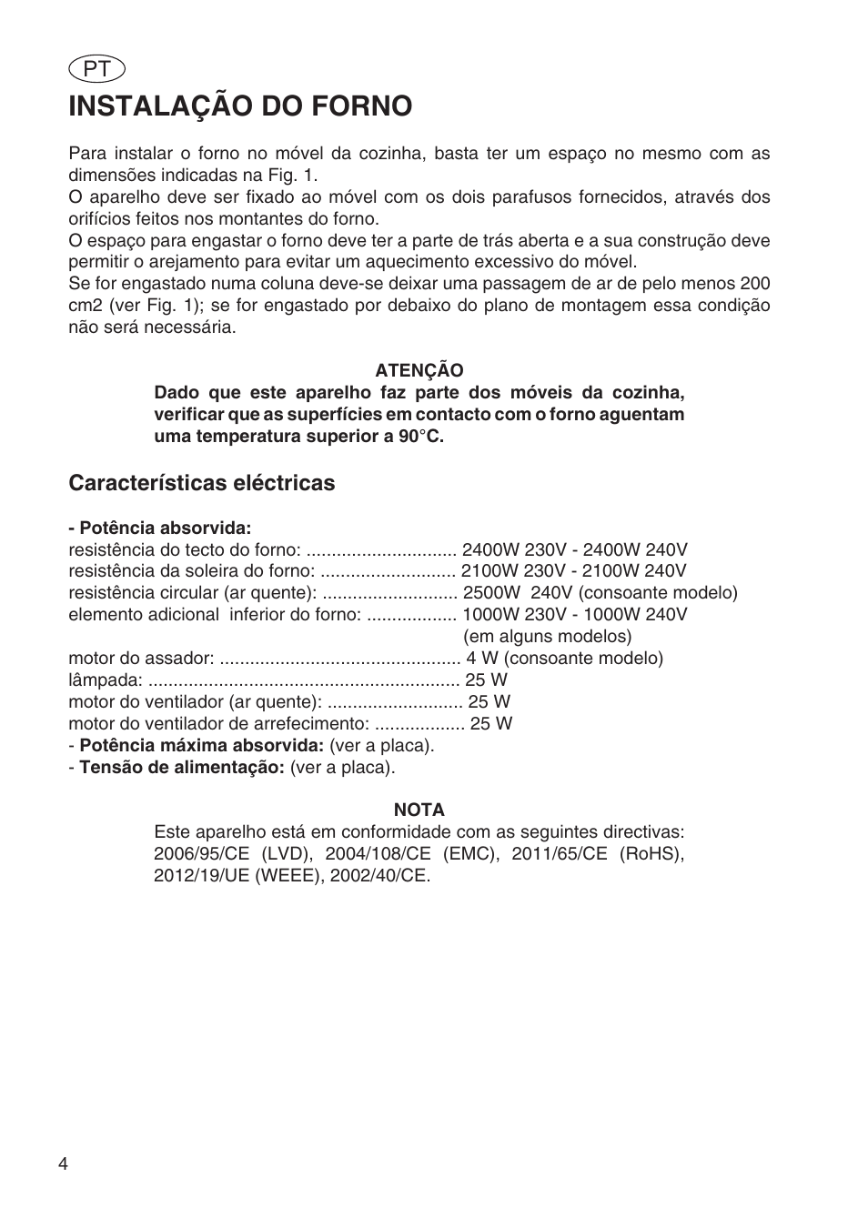 Instalação do forno | Fulgor Milano SPO 6213 User Manual | Page 196 / 270