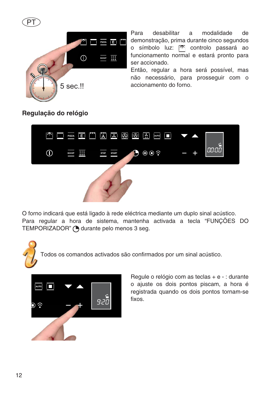 5 sec, Regulação do relógio | Fulgor Milano SPO 6213 User Manual | Page 204 / 270