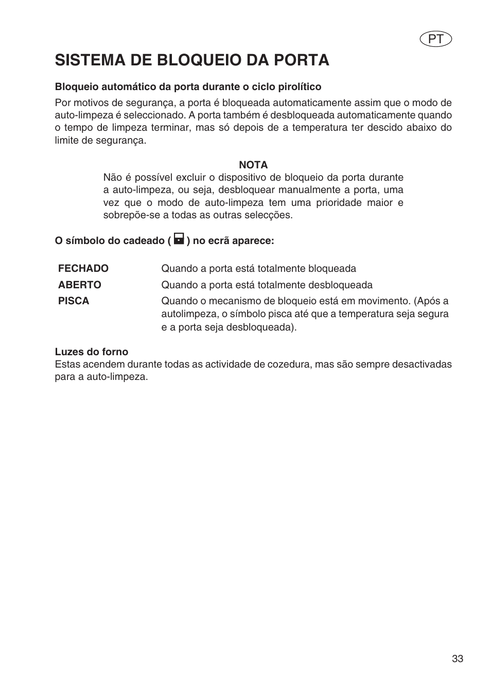 Sistema de bloqueio da porta | Fulgor Milano SPO 6213 User Manual | Page 225 / 270