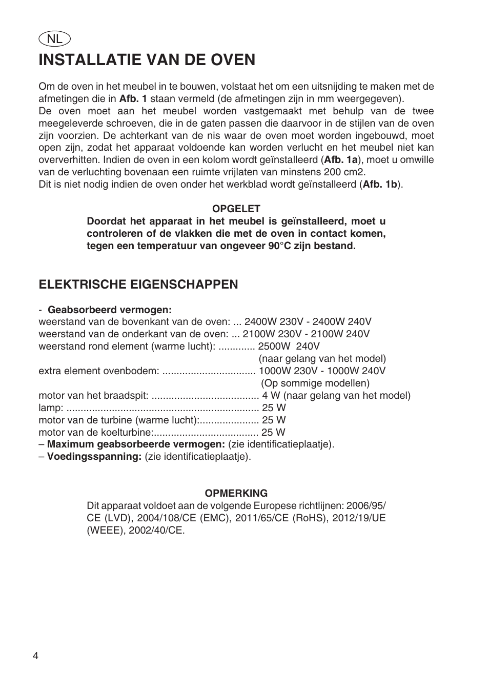 Installatie van de oven, Elektrische eigenschappen | Fulgor Milano SPO 6213 User Manual | Page 234 / 270