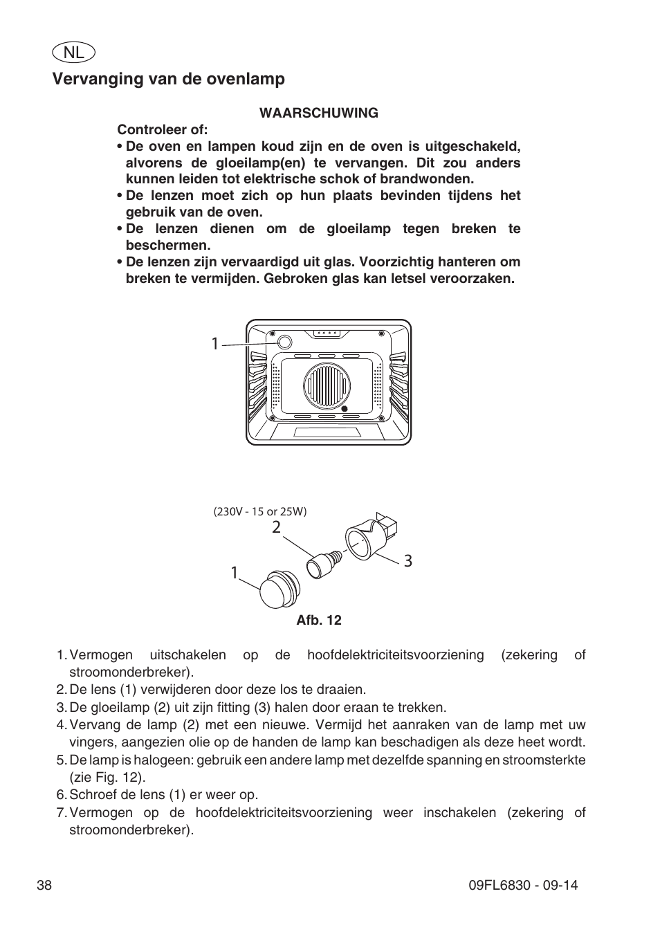 Vervanging van de ovenlamp | Fulgor Milano SPO 6213 User Manual | Page 268 / 270