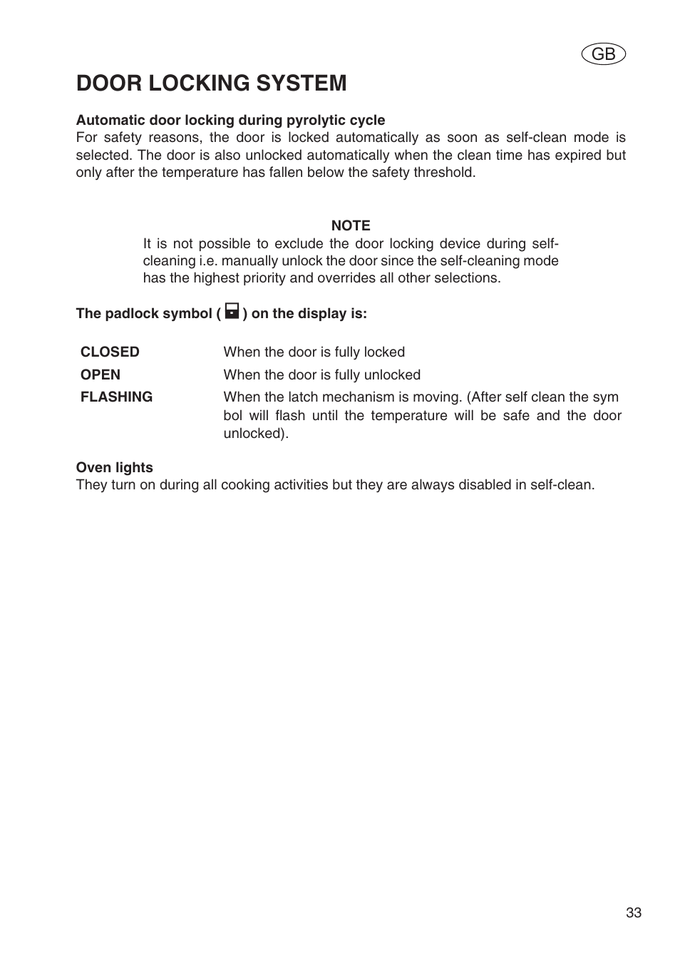 Door locking system | Fulgor Milano SPO 6213 User Manual | Page 35 / 270