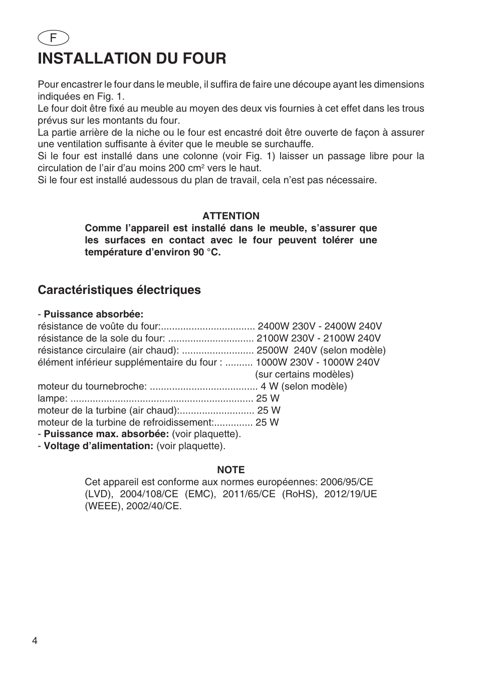 Installation du four, Caractéristiques électriques | Fulgor Milano SPO 6213 User Manual | Page 44 / 270