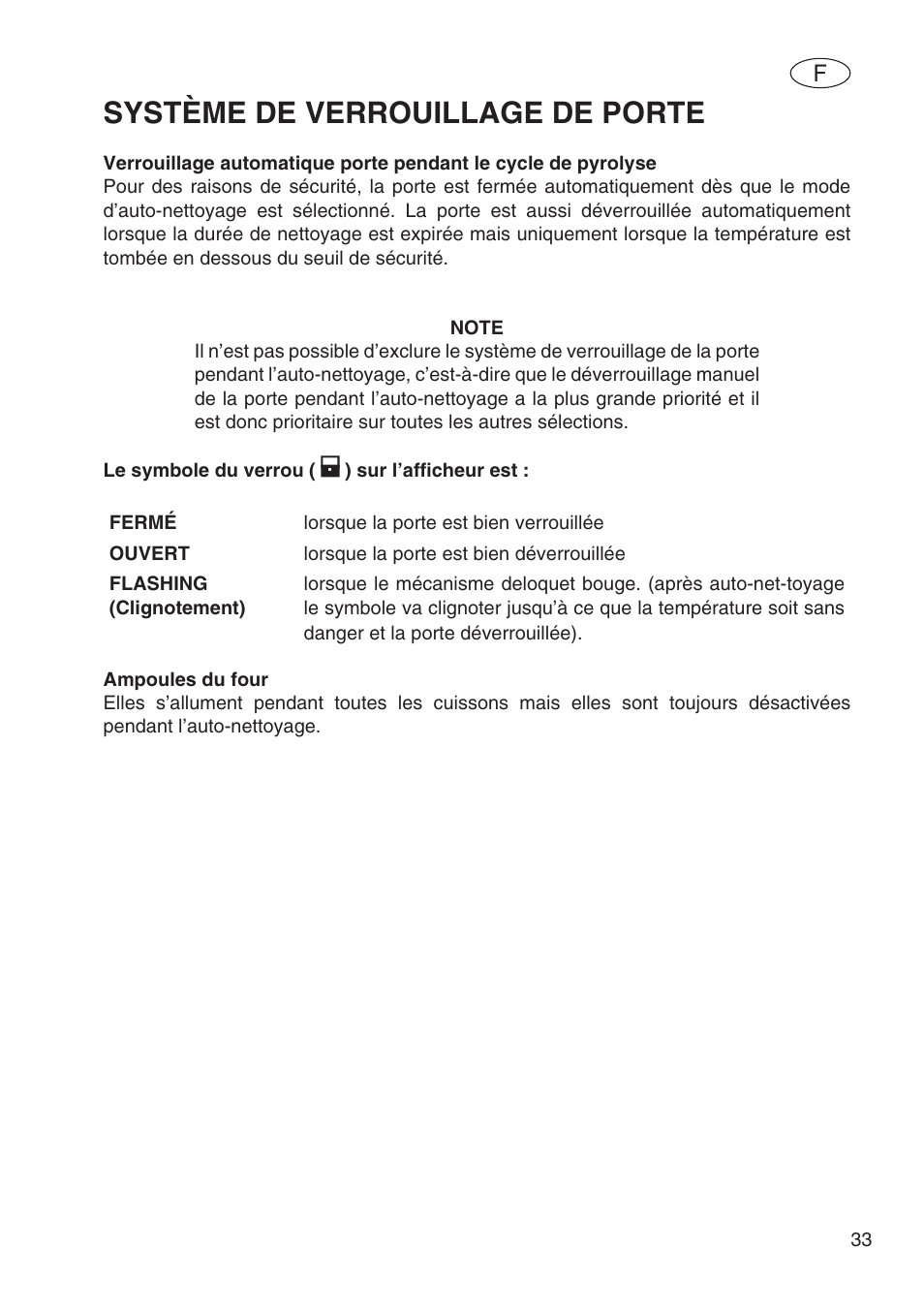 Système de verrouillage de porte | Fulgor Milano SPO 6213 User Manual | Page 73 / 270