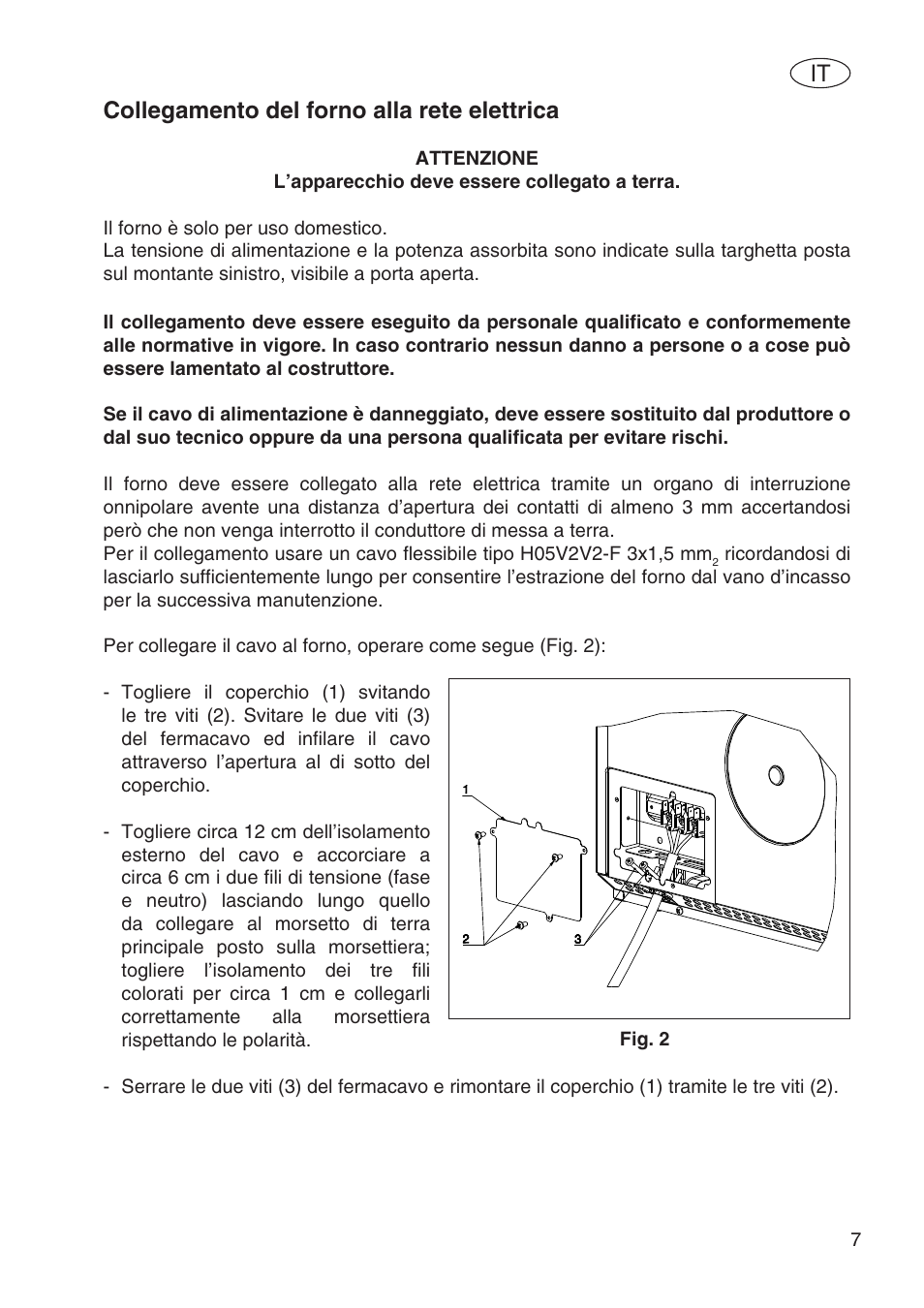 Collegamento del forno alla rete elettrica | Fulgor Milano SPO 6213 User Manual | Page 85 / 270
