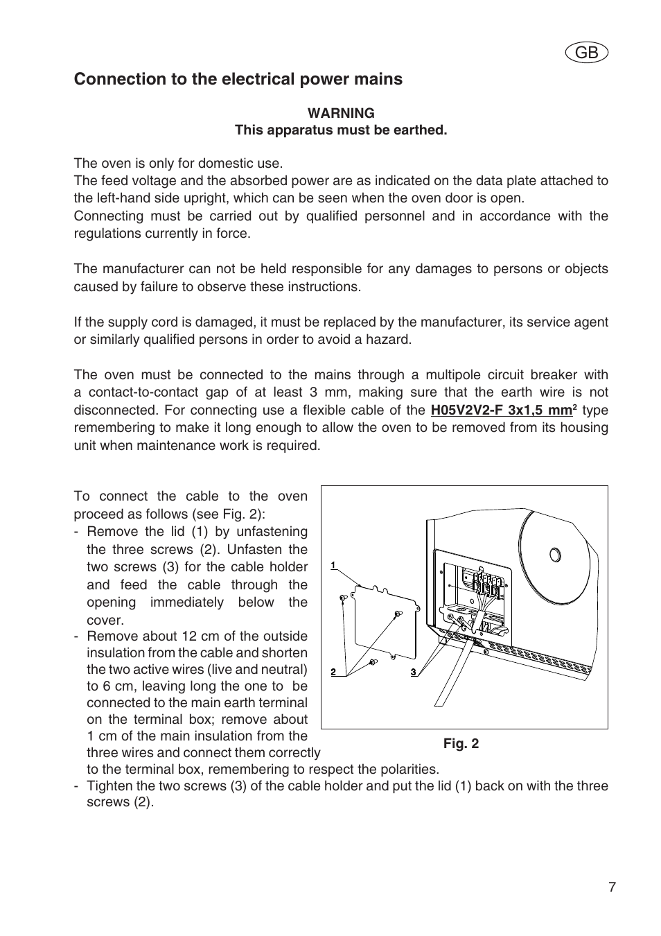 Connection to the electrical power mains | Fulgor Milano SPO 6213 User Manual | Page 9 / 270