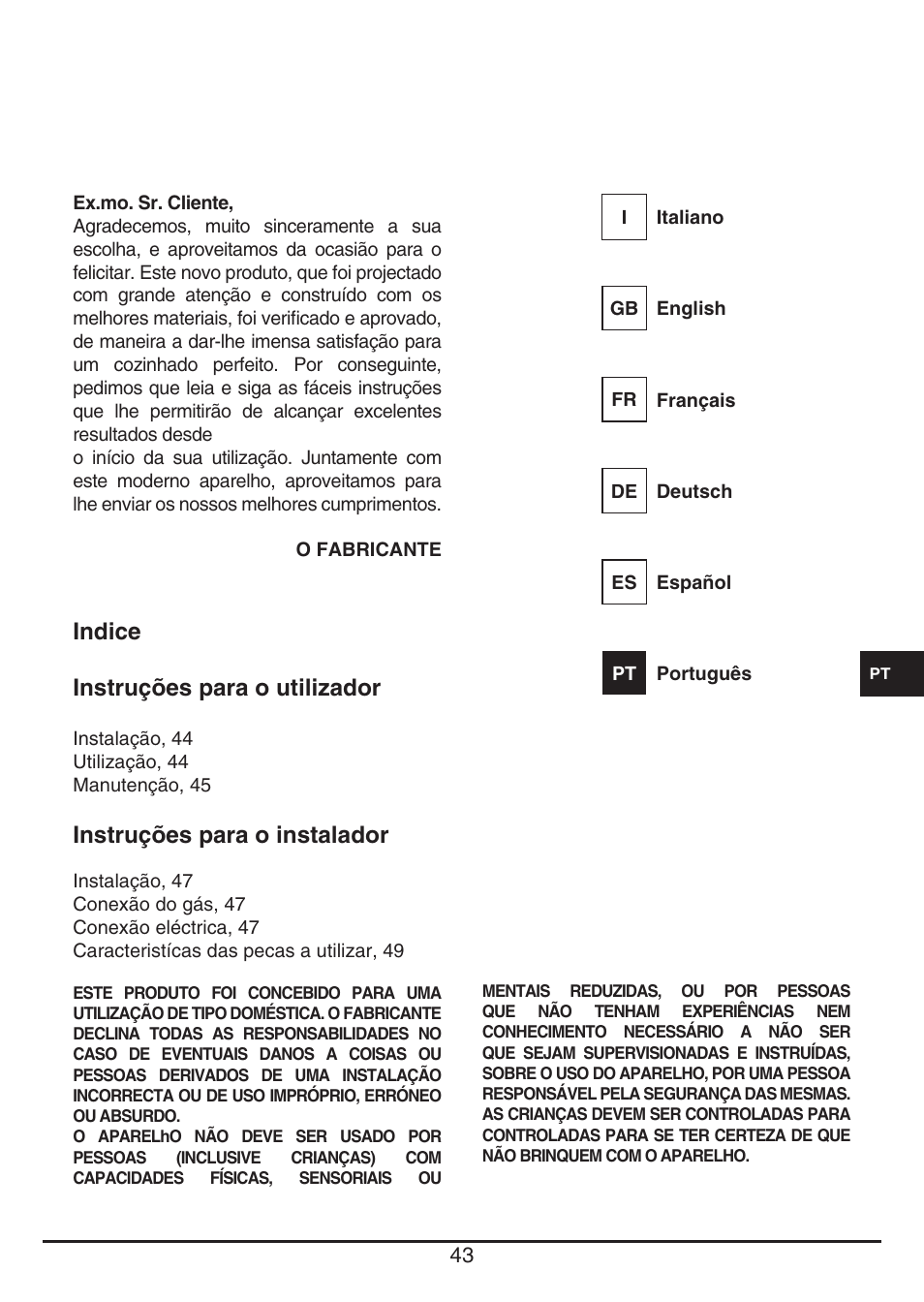 Indice instruções para o utilizador, Instruções para o instalador | Fulgor Milano LH 604 G WK User Manual | Page 43 / 52