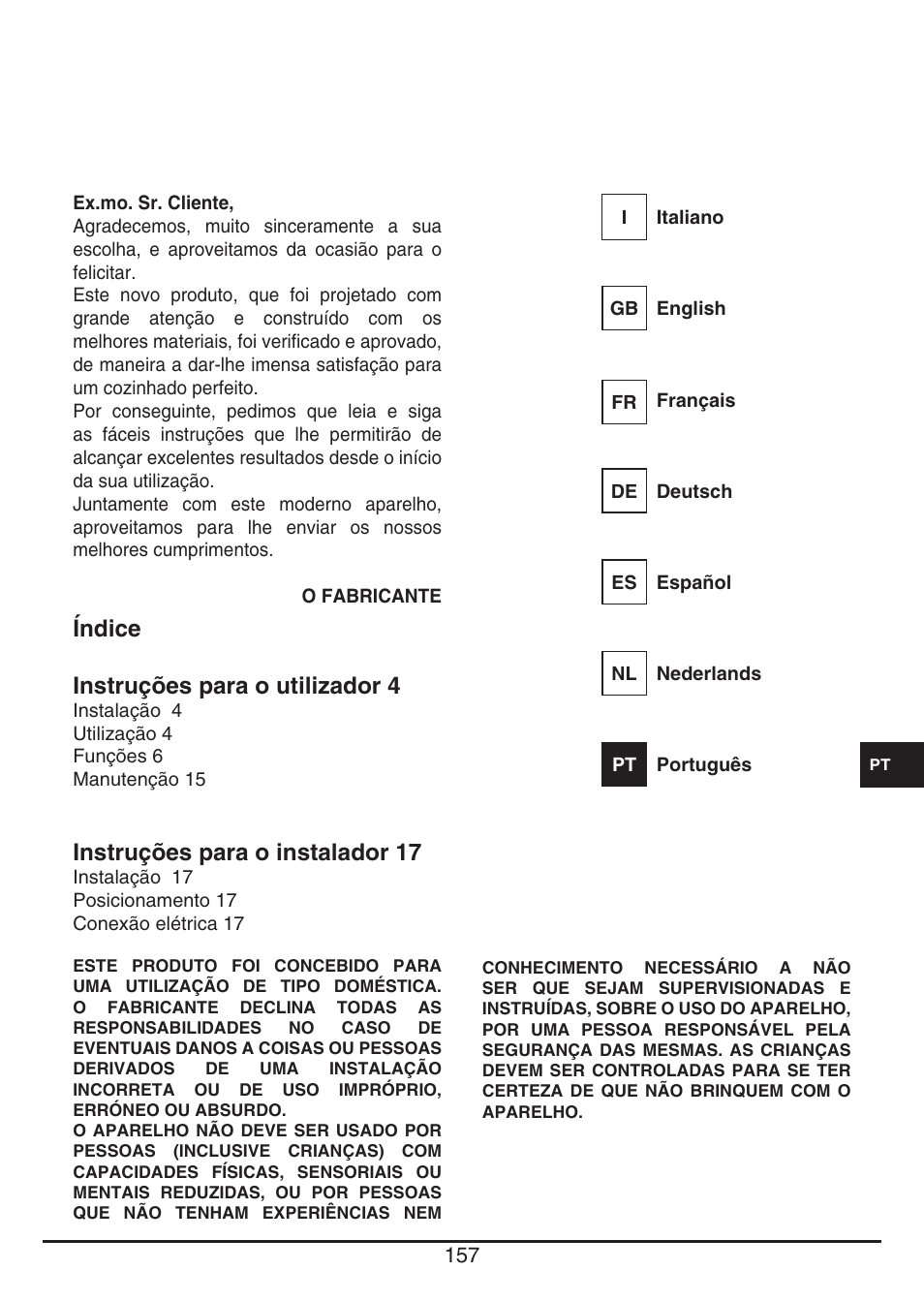 Índice instruções para o utilizador 4, Instruções para o instalador 17 | Fulgor Milano CH 1004 ID TS User Manual | Page 157 / 184