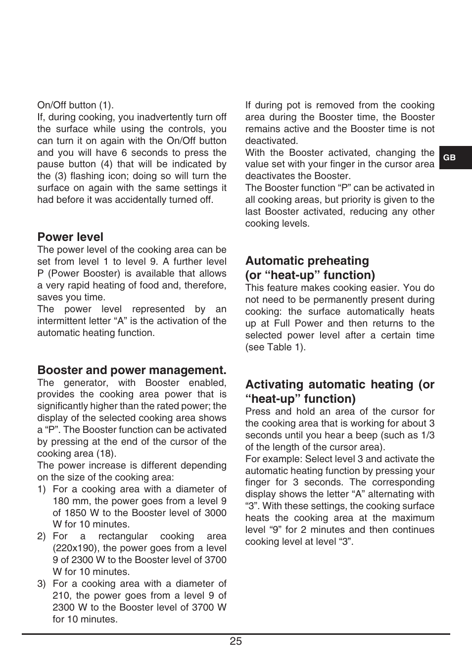 Power level, Booster and power management, Automatic preheating (or “heat-up” function) | Fulgor Milano FSH 774 ID TS User Manual | Page 25 / 100