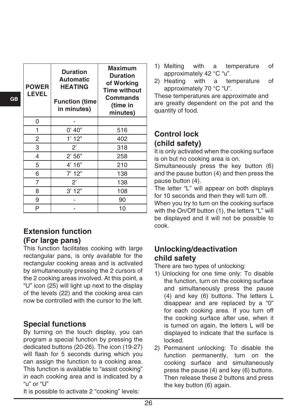 Control lock (child safety), Unlocking/deactivation child safety, Extension function (for large pans) | Special functions | Fulgor Milano FSH 774 ID TS User Manual | Page 26 / 100