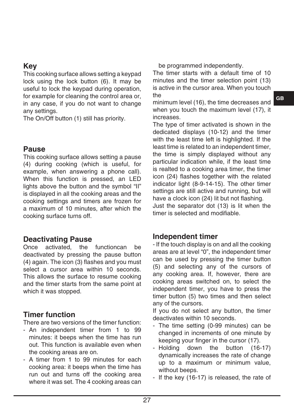 Pause, Deactivating pause, Timer function | Independent timer | Fulgor Milano FSH 774 ID TS User Manual | Page 27 / 100