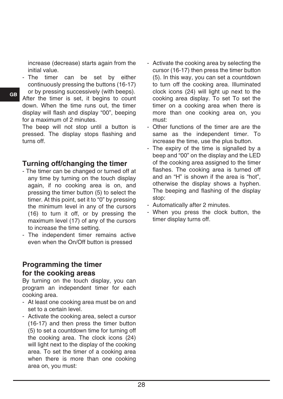 Turning off/changing the timer, Programming the timer for the cooking areas | Fulgor Milano FSH 774 ID TS User Manual | Page 28 / 100