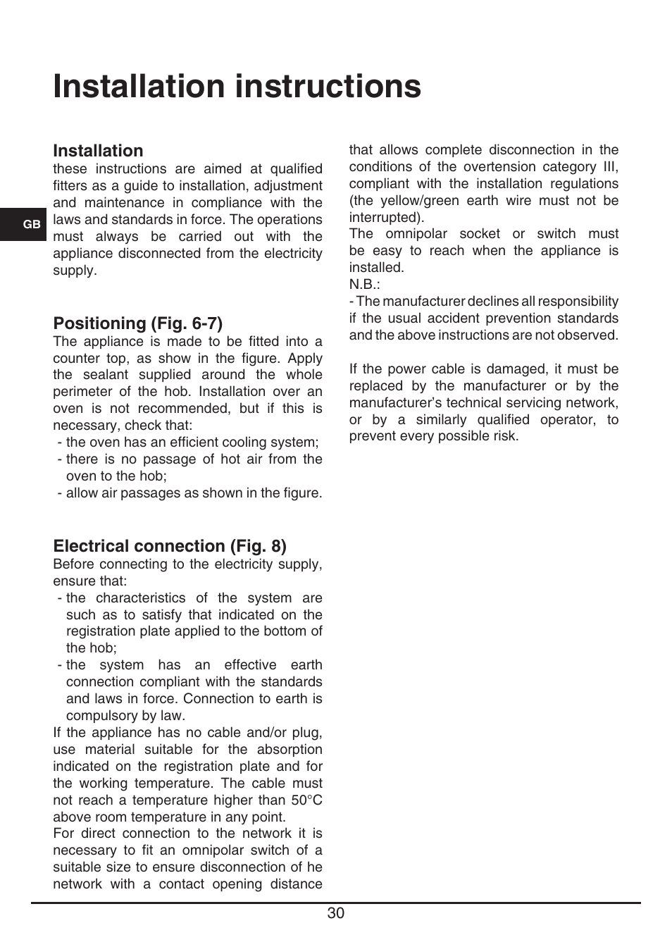 Installation instructions | Fulgor Milano FSH 774 ID TS User Manual | Page 30 / 100