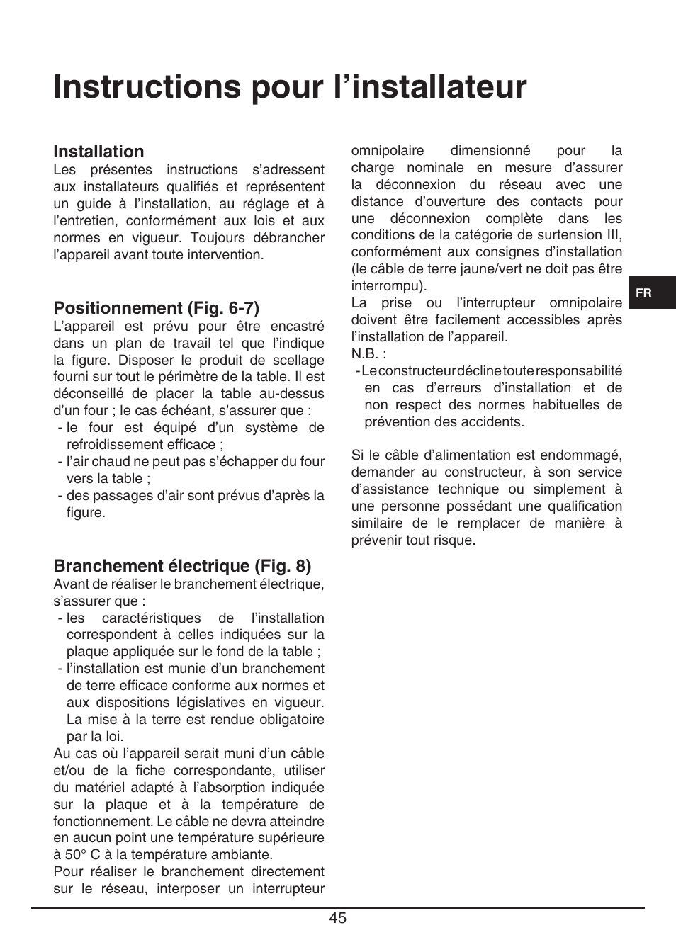 Instructions pour l’installateur | Fulgor Milano FSH 774 ID TS User Manual | Page 45 / 100