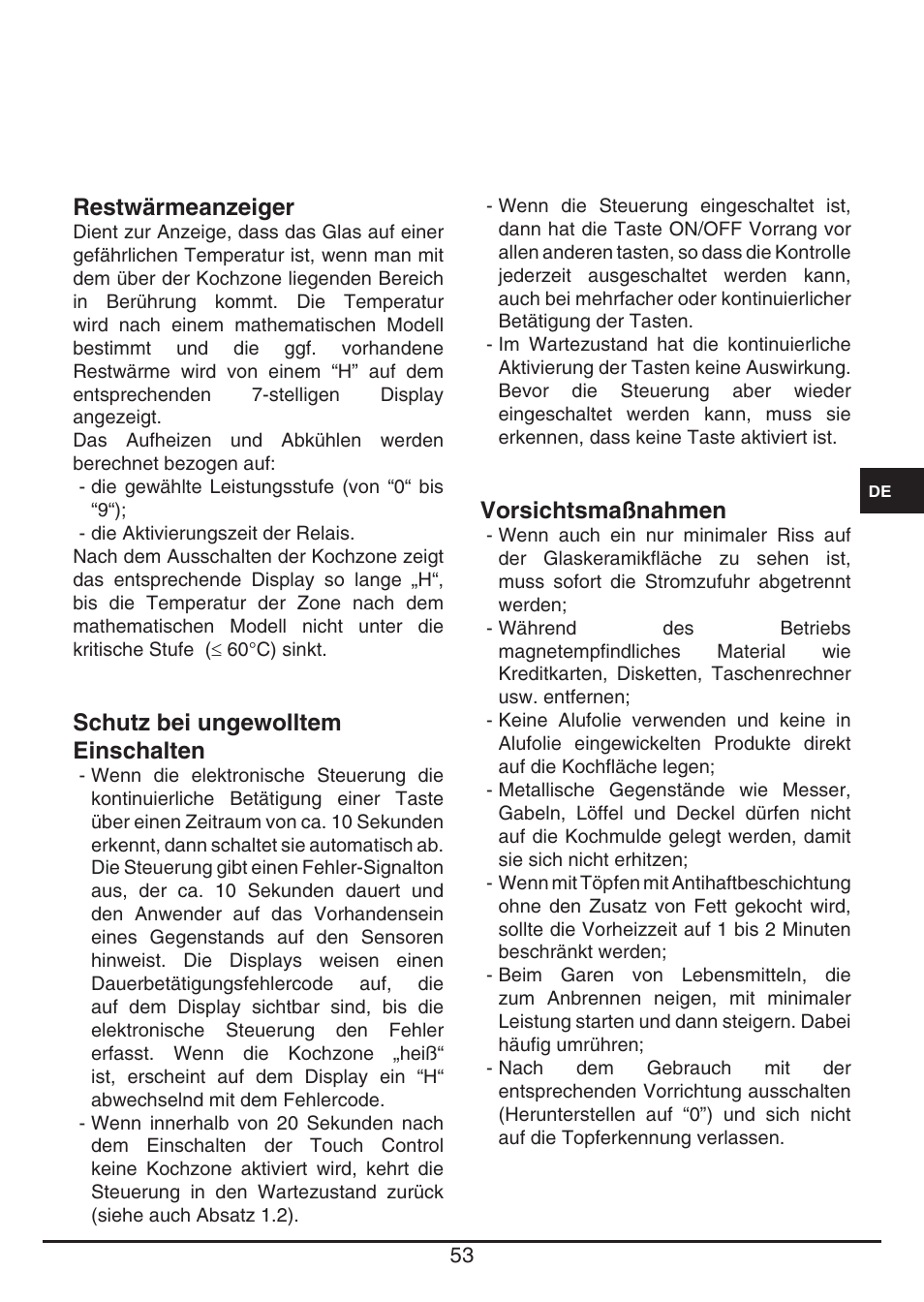 Restwärmeanzeiger, Schutz bei ungewolltem einschalten, Vorsichtsmaßnahmen | Fulgor Milano FSH 774 ID TS User Manual | Page 53 / 100