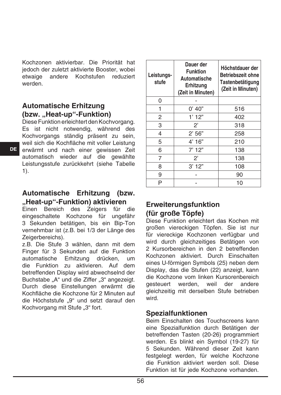 Automatische erhitzung (bzw. „heat-up“-funktion), Erweiterungsfunktion (für große töpfe), Spezialfunktionen | Fulgor Milano FSH 774 ID TS User Manual | Page 56 / 100