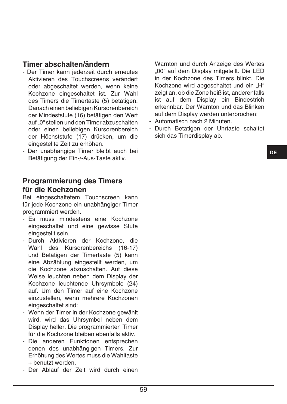 Timer abschalten/ändern, Programmierung des timers für die kochzonen | Fulgor Milano FSH 774 ID TS User Manual | Page 59 / 100