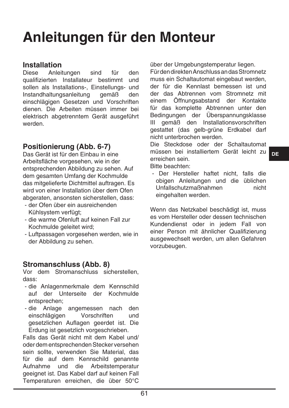 Anleitungen für den monteur | Fulgor Milano FSH 774 ID TS User Manual | Page 61 / 100