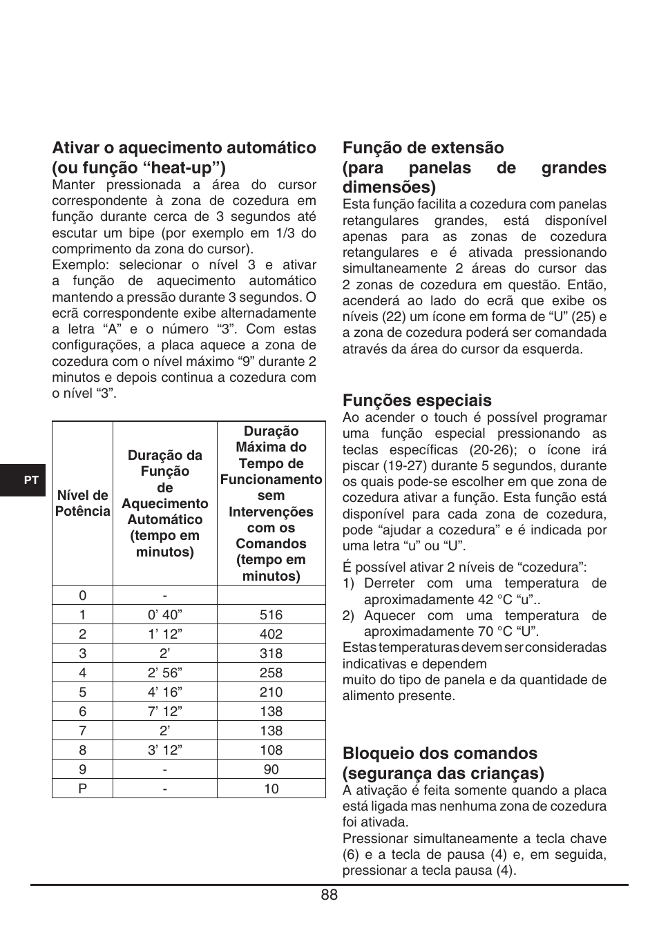 Funções especiais, Bloqueio dos comandos (segurança das crianças) | Fulgor Milano FSH 774 ID TS User Manual | Page 88 / 100