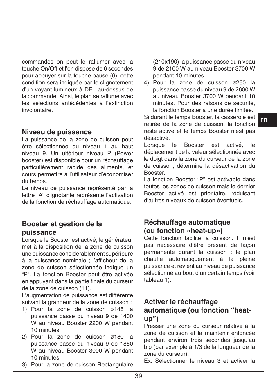 Niveau de puissance, Booster et gestion de la puissance, Réchauffage automatique (ou fonction «heat-up») | Fulgor Milano FSH 905 ID TS User Manual | Page 39 / 100