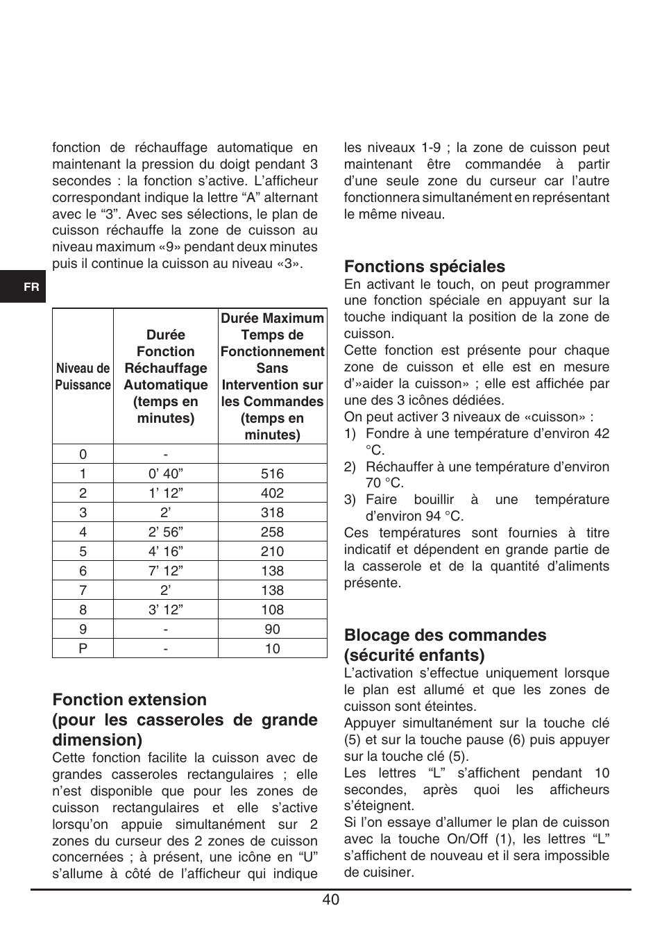 Fonctions spéciales, Blocage des commandes (sécurité enfants) | Fulgor Milano FSH 905 ID TS User Manual | Page 40 / 100