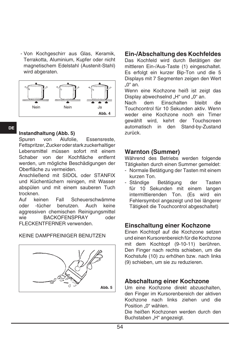 Ein-/abschaltung des kochfeldes, Warnton (summer), Einschaltung einer kochzone | Abschaltung einer kochzone | Fulgor Milano FSH 905 ID TS User Manual | Page 54 / 100