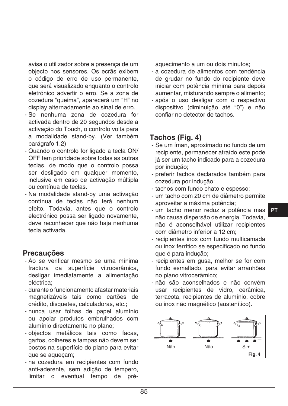 Precauções, Tachos (fig. 4) | Fulgor Milano FSH 905 ID TS User Manual | Page 85 / 100