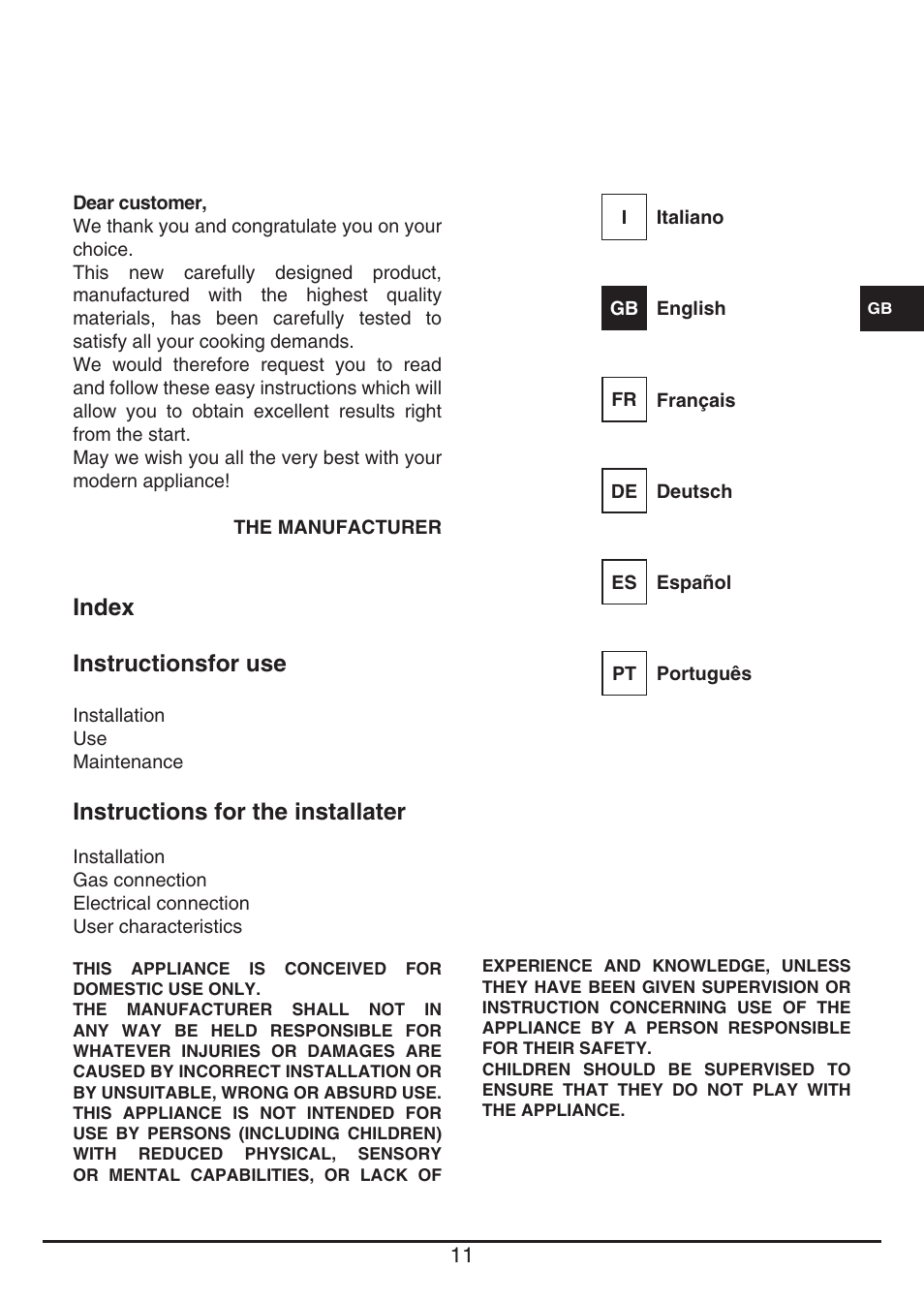 Index instructionsfor use, Instructions for the installater | Fulgor Milano CPH 604 G User Manual | Page 11 / 52