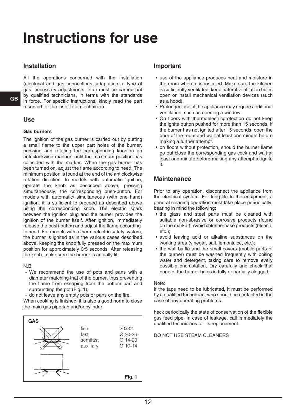 Instructions for use | Fulgor Milano CPH 604 G User Manual | Page 12 / 52