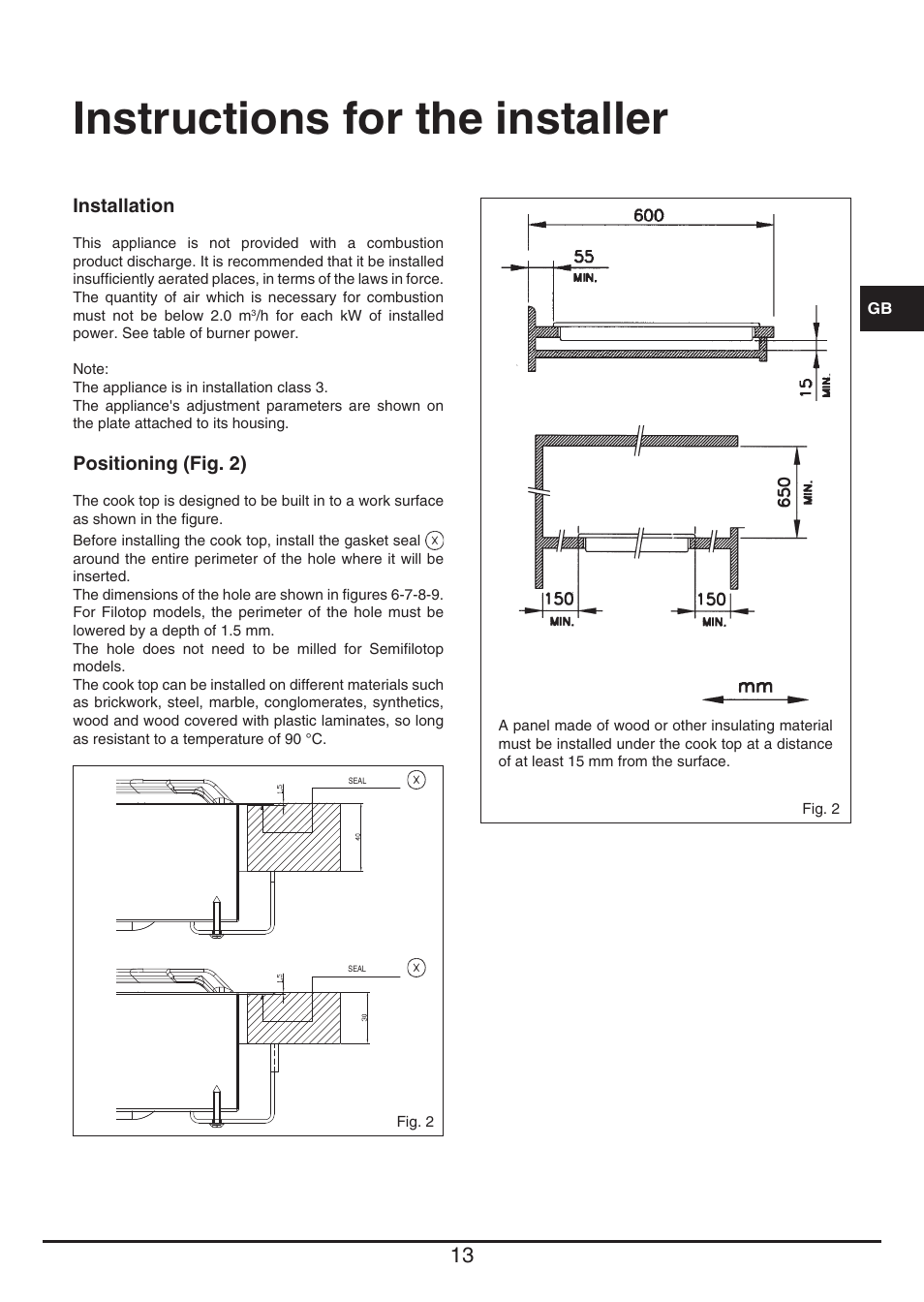 Instructions for the installer | Fulgor Milano CPH 604 G User Manual | Page 13 / 52