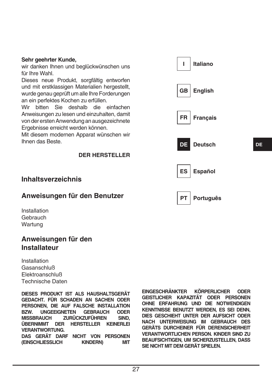 Inhaltsverzeichnis anweisungen für den benutzer, Anweisungen für den installateur | Fulgor Milano CPH 604 G User Manual | Page 27 / 52