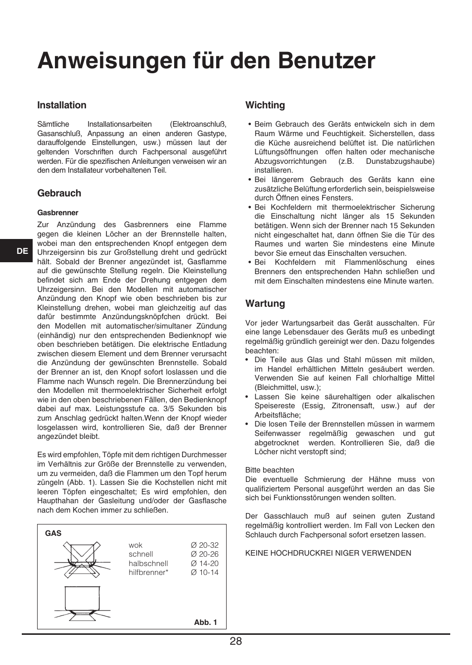Anweisungen für den benutzer | Fulgor Milano CPH 604 G User Manual | Page 28 / 52