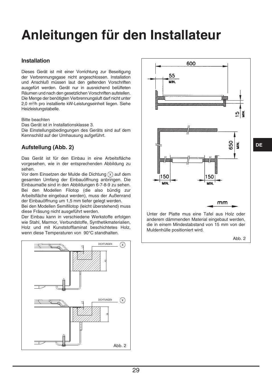 Anleitungen für den installateur | Fulgor Milano CPH 604 G User Manual | Page 29 / 52
