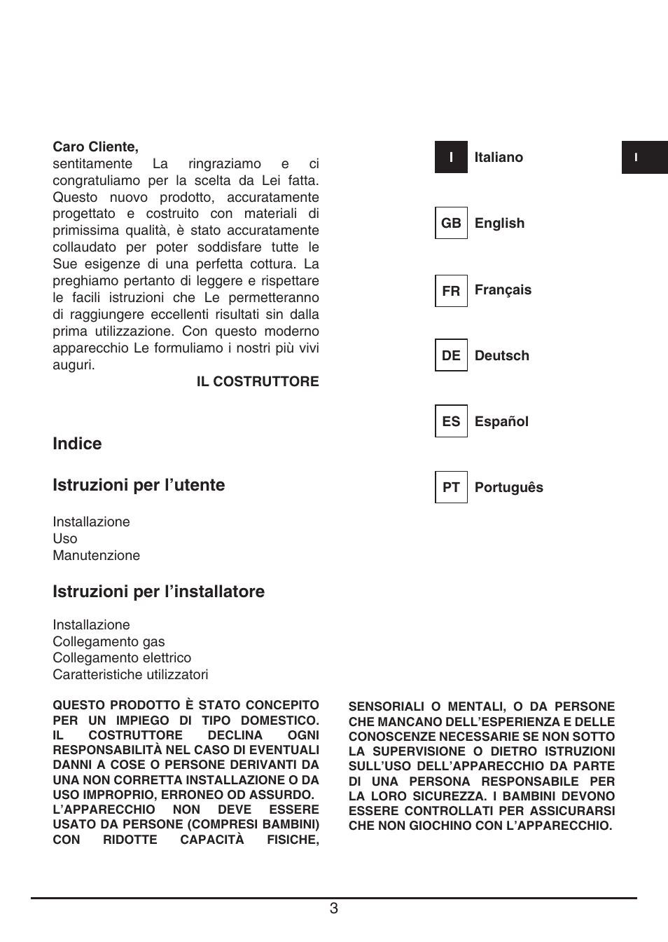 Indice istruzioni per l’utente, Istruzioni per l’installatore | Fulgor Milano CPH 604 G User Manual | Page 3 / 52