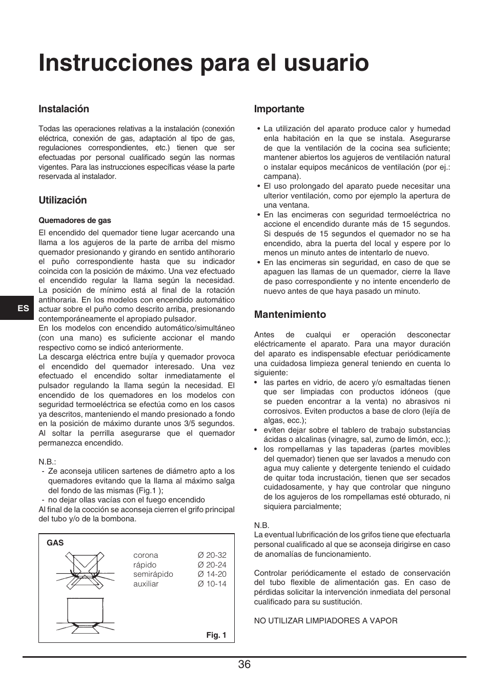 Instrucciones para el usuario | Fulgor Milano CPH 604 G User Manual | Page 36 / 52