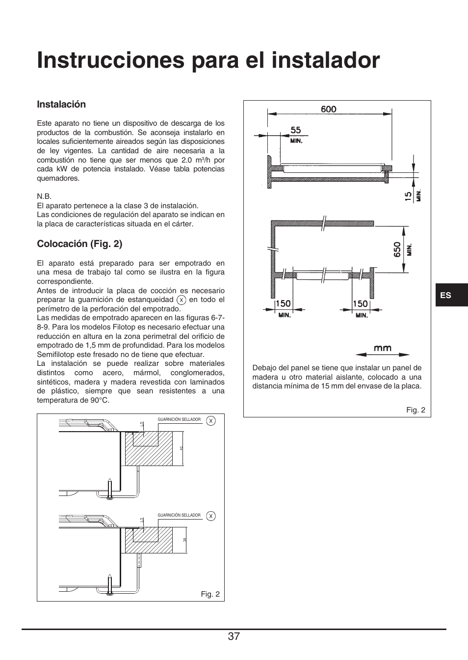 Instrucciones para el instalador | Fulgor Milano CPH 604 G User Manual | Page 37 / 52