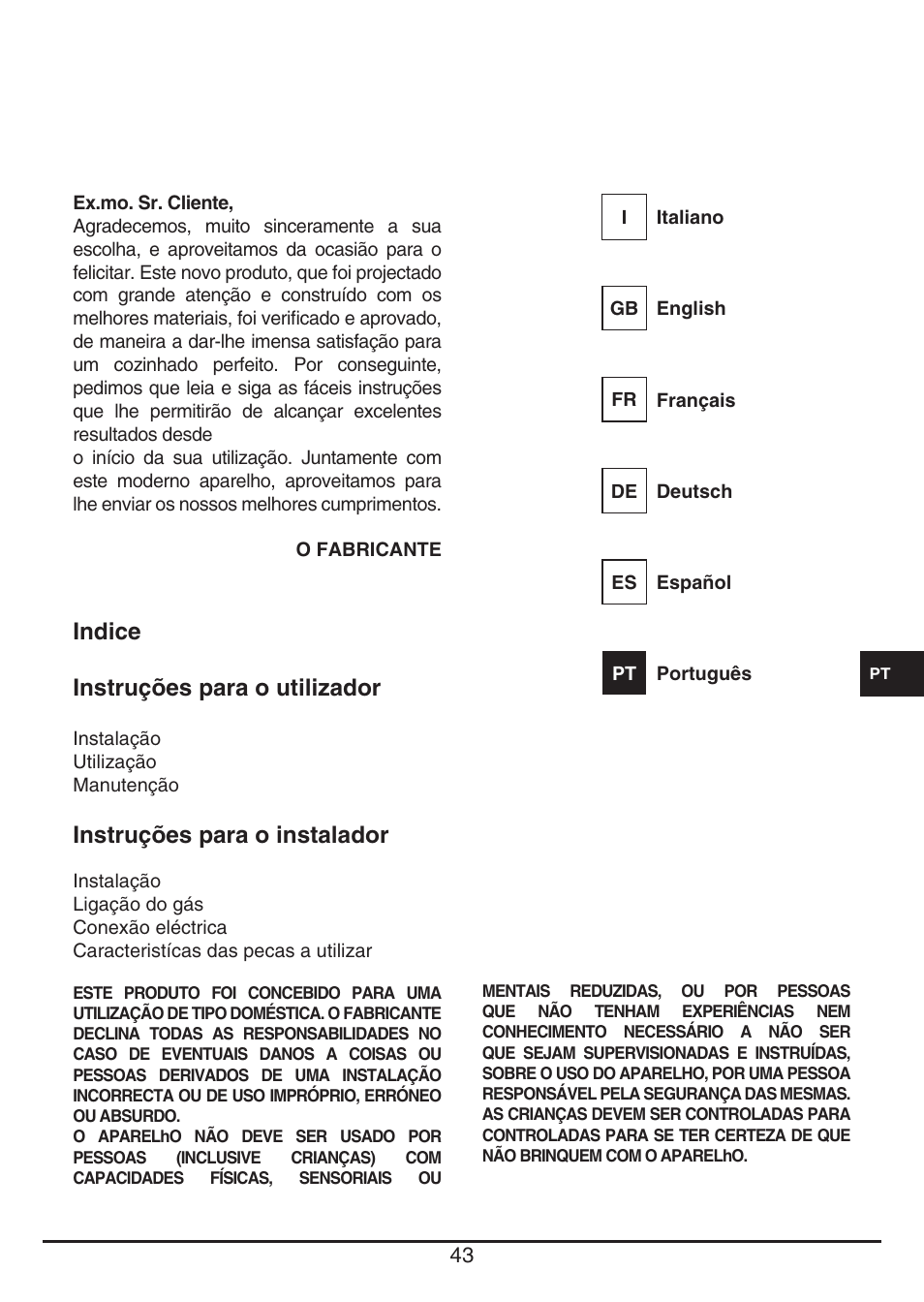 Indice instruções para o utilizador, Instruções para o instalador | Fulgor Milano CPH 604 G User Manual | Page 43 / 52
