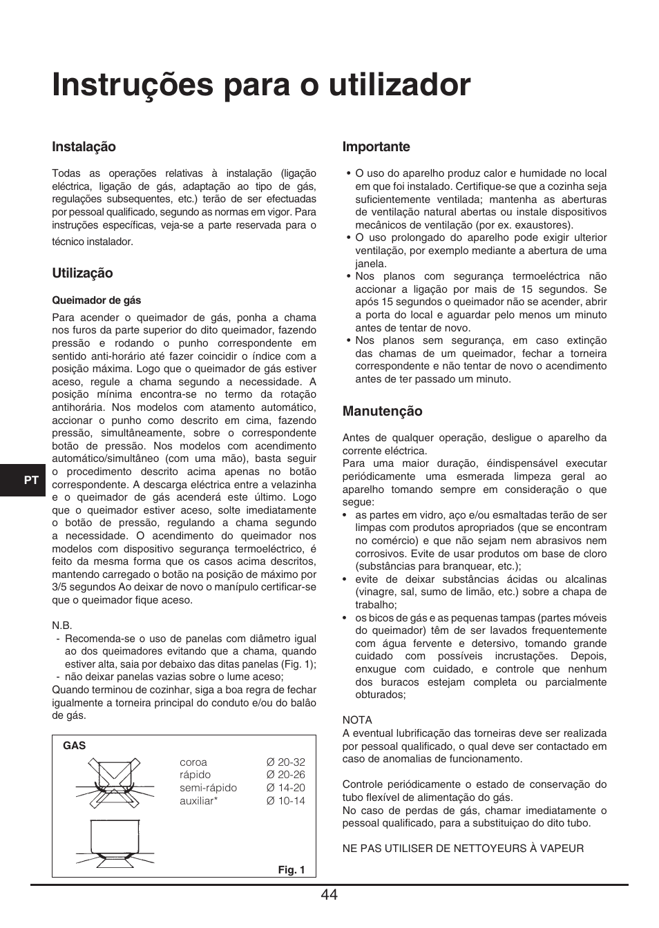 Instruções para o utilizador | Fulgor Milano CPH 604 G User Manual | Page 44 / 52